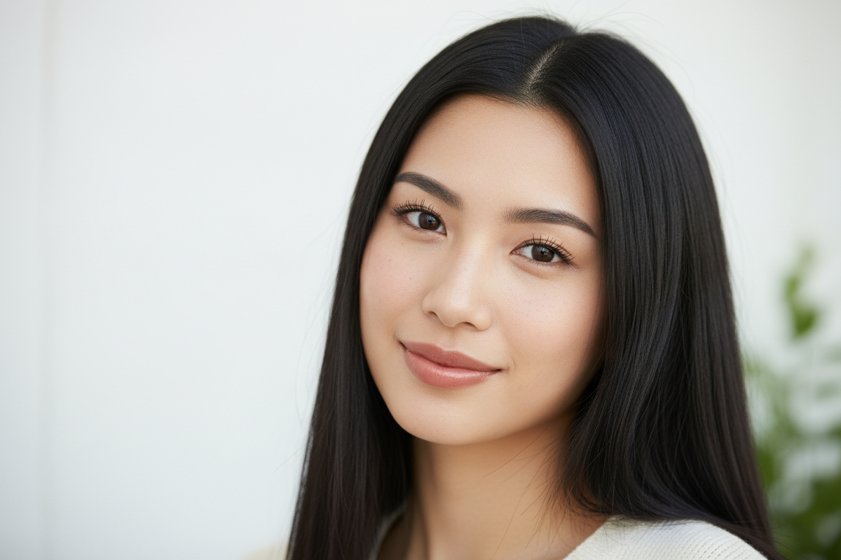A fresh, youthful portrait of a woman in her 20s with silky straight black hair. Natural makeup, soft expression, clean and bright background. Simple, modern, professional reviewer headshot style, beauty-focused lighting., make it human realistic, phoneshoot